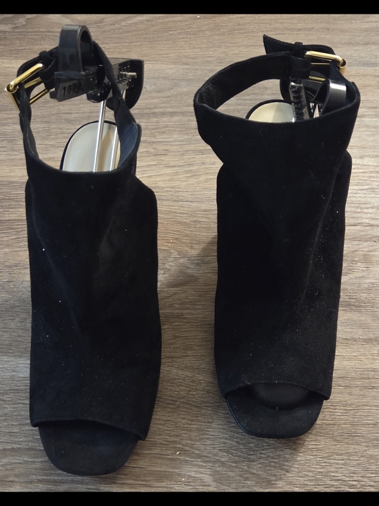 kate spade Shoes - kate spade Black Suede Open-Toe Ankle Mules with Gold Buckles